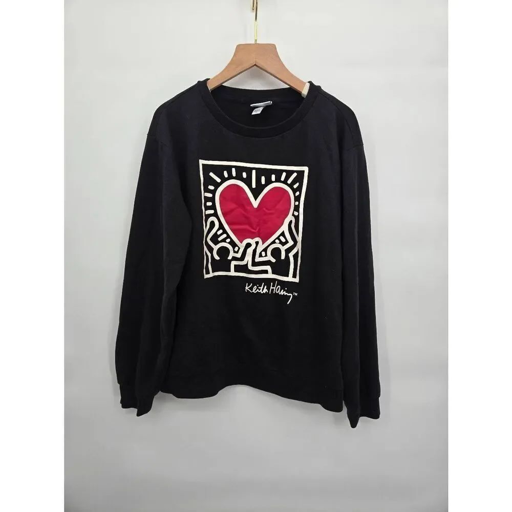 Keith Haring Heart Graphic Sweatshirt Sugar Medium Black Crewneck Pullover Light